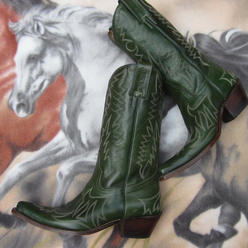 Women's Green Leather Western Cowboy Boots with Stitch Detailing